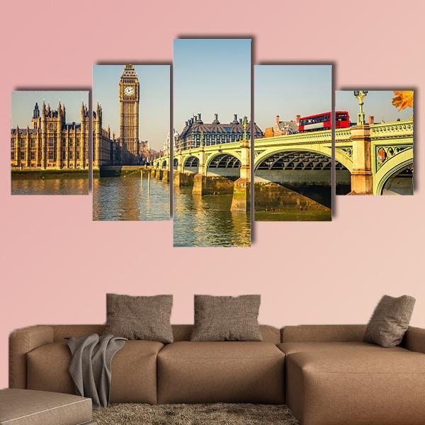 Scenic Big Ben And Westminster Bridge Canvas Wall Art-5 Star-Gallery Wrap-62" x 32"-Tiaracle