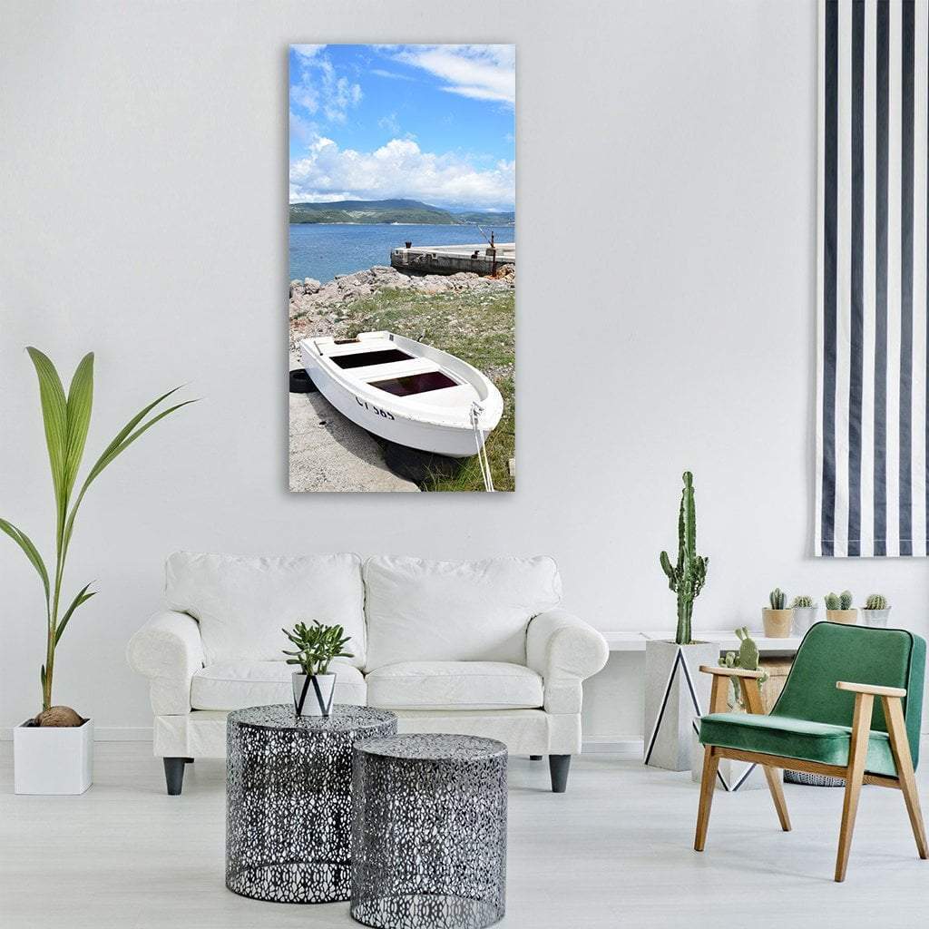 Scenic Boat With Water Lake Vertical Canvas Wall Art-1 Vertical-Gallery Wrap-12" x 24"-Tiaracle