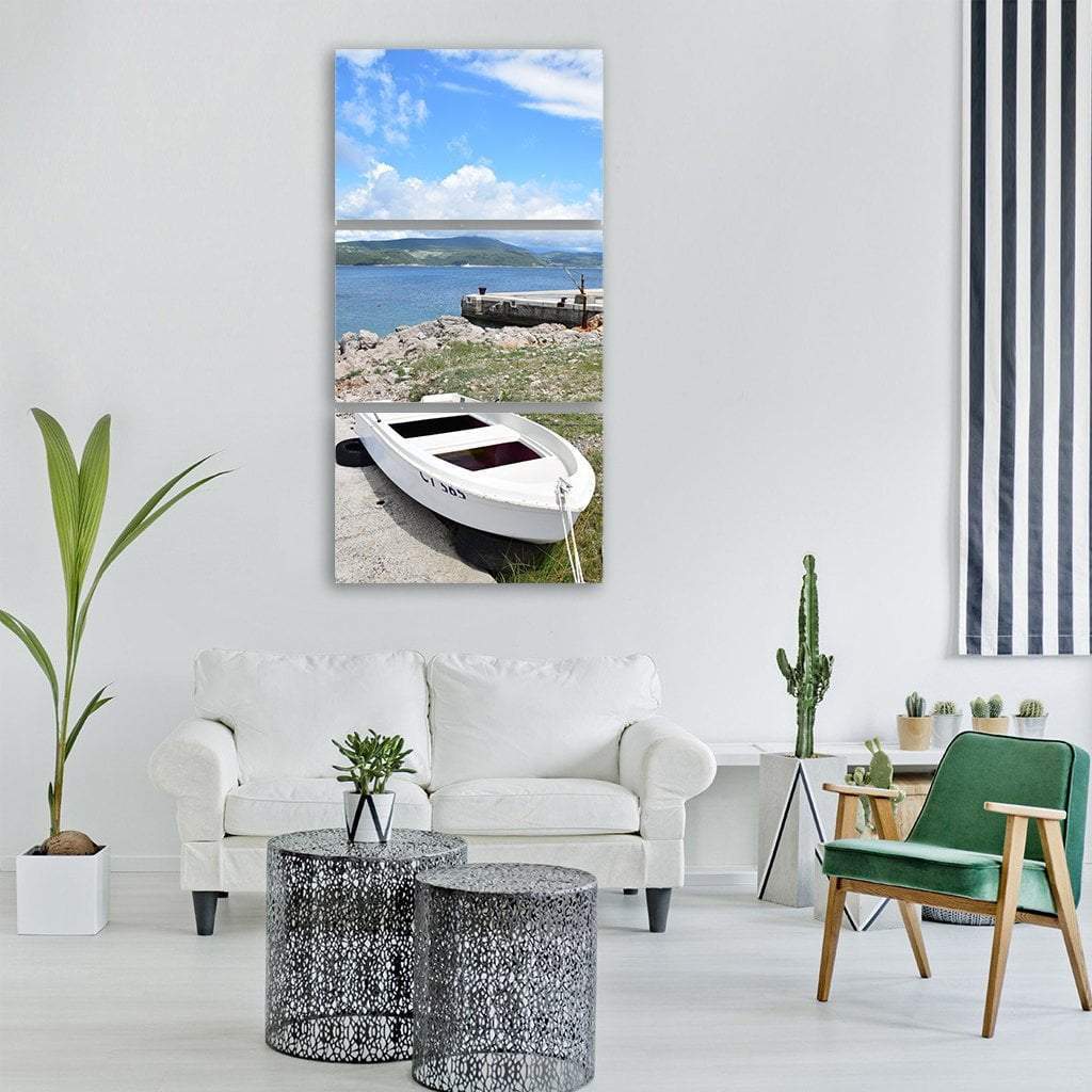 Scenic Boat With Water Lake Vertical Canvas Wall Art-3 Vertical-Gallery Wrap-12" x 25"-Tiaracle