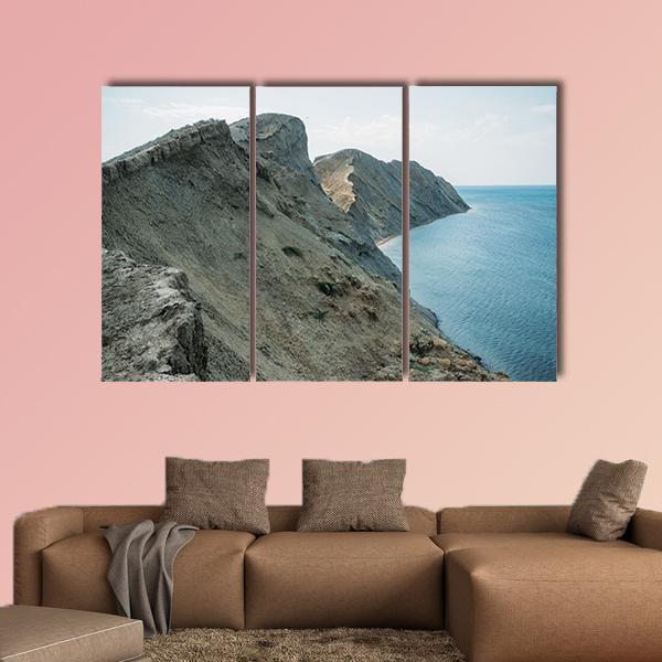 Scenic Calm Seashore With Crimean Mountains Ridge Canvas Wall Art-5 Star-Gallery Wrap-62" x 32"-Tiaracle