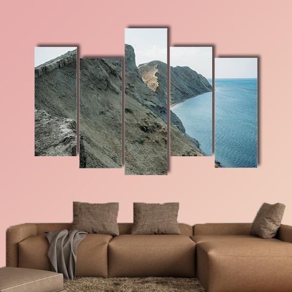 Scenic Calm Seashore With Crimean Mountains Ridge Canvas Wall Art-5 Pop-Gallery Wrap-47" x 32"-Tiaracle