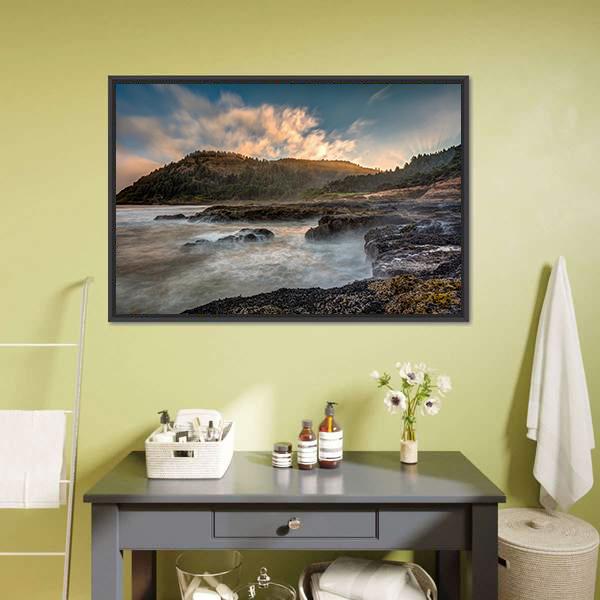 Cape Perpetua Rocky Coast at Sunset Canvas Wall Art in gray, orange and blue, framed canvas, product view on a white background