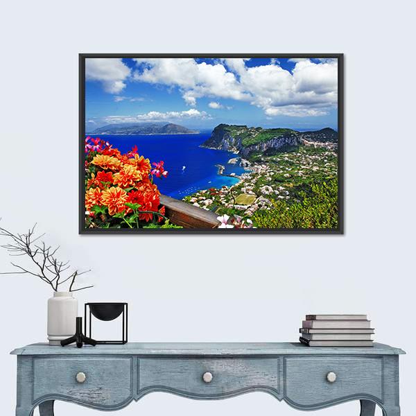 Capri Island Coastal Town with Flowers Canvas Wall Art in white, green and blue, framed canvas, product view on a white background