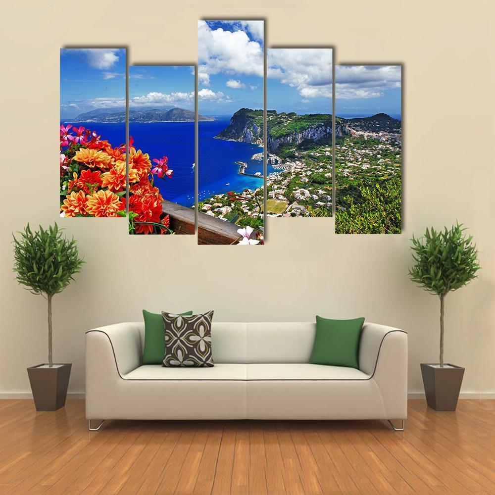 Scenic Capri Island In Italy Canvas Wall Art-5 Pop-Gallery Wrap-47&quot; x 32&quot;-Tiaracle