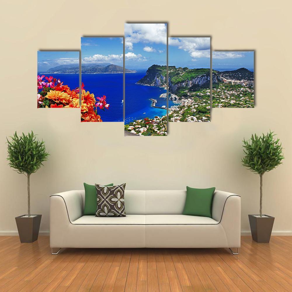 Scenic Capri Island In Italy Canvas Wall Art-5 Star-Gallery Wrap-62" x 32"-Tiaracle