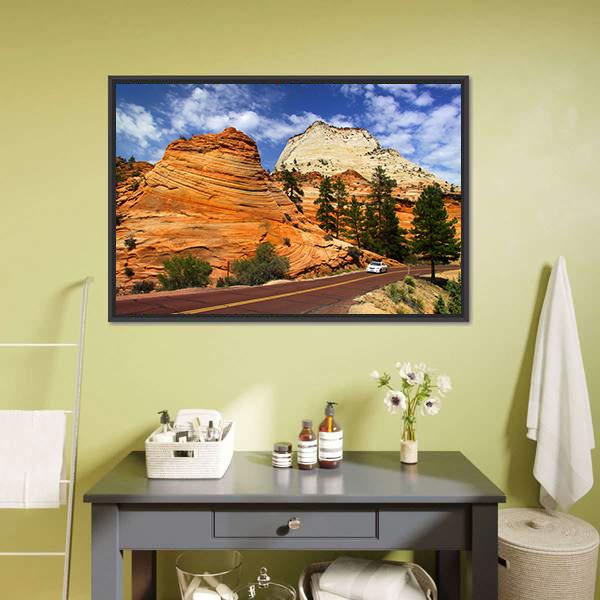 Scenic Drive In Zion National Park Canvas Wall Art-1 Piece-Floating Frame-24" x 16"-Tiaracle