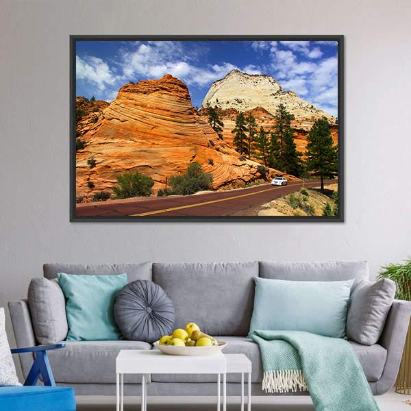 Scenic Drive In Zion National Park Canvas Wall Art-3 Horizontal-Gallery Wrap-25" x 16"-Tiaracle