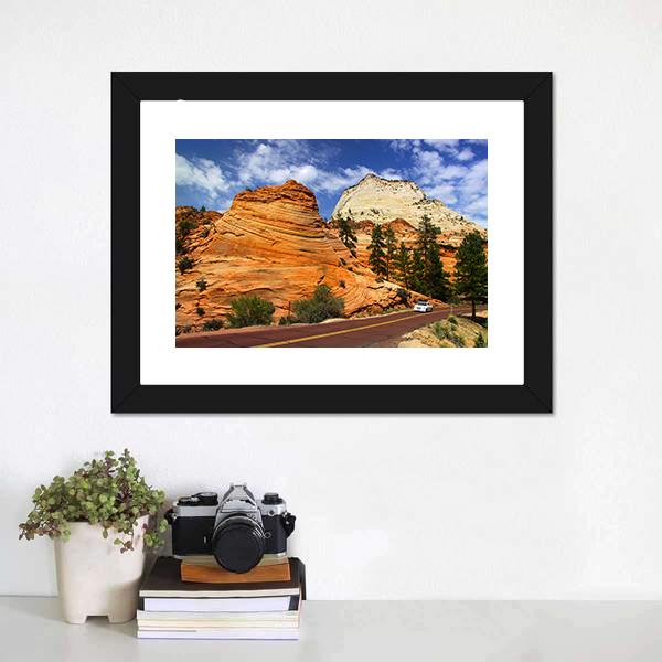 Scenic Drive In Zion National Park Canvas Wall Art-1 Piece-Framed Print-20" x 16"-Tiaracle