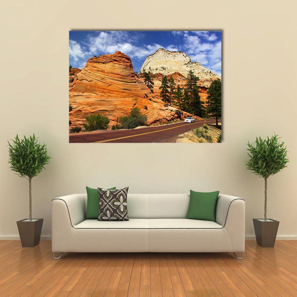 Scenic Drive in Zion National Park Canvas Wall Art in brown, orange and blue, single panel hung on a wall