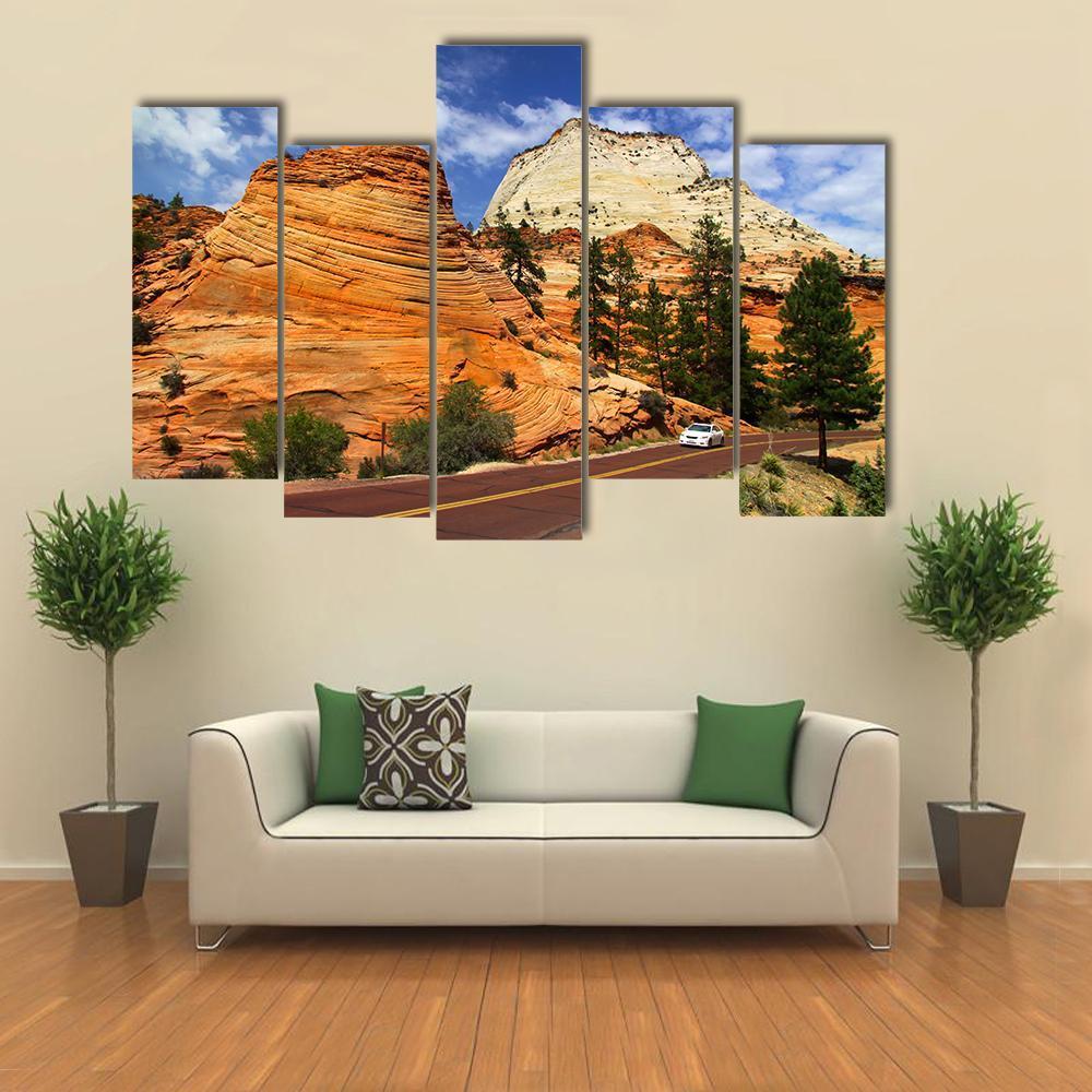 Scenic Drive In Zion National Park Canvas Wall Art-5 Pop-Gallery Wrap-47" x 32"-Tiaracle