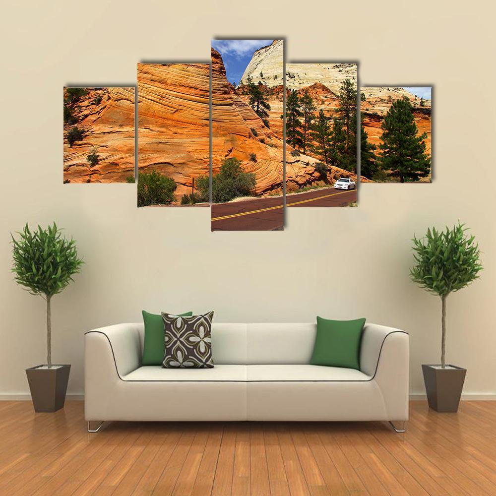 Scenic Drive In Zion National Park Canvas Wall Art-5 Star-Gallery Wrap-62" x 32"-Tiaracle