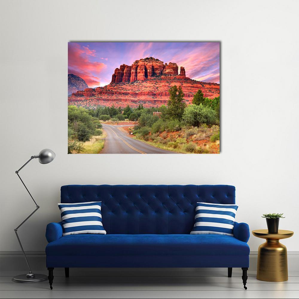 Sedona Scenic Drive at Sunset Canvas Wall Art in red, orange and pink, single panel hung on a wall