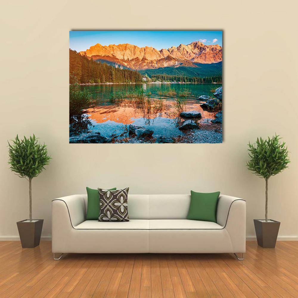 Scenic Famous Lake Eibsee Canvas Wall Art-1 Piece-Gallery Wrap-48" x 32"-Tiaracle