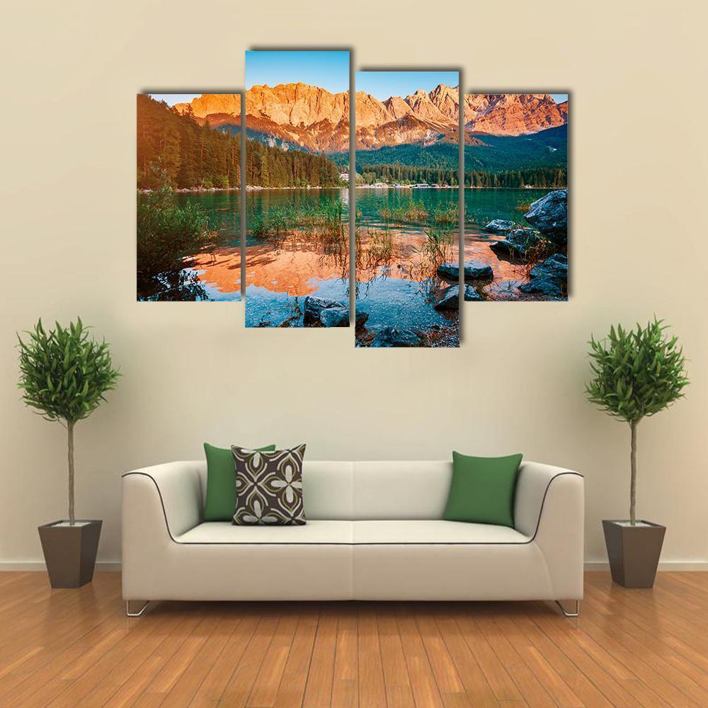Scenic Famous Lake Eibsee Canvas Wall Art-4 Pop-Gallery Wrap-50" x 32"-Tiaracle