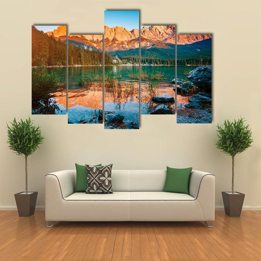 Scenic Famous Lake Eibsee Canvas Wall Art-5 Pop-Gallery Wrap-47" x 32"-Tiaracle