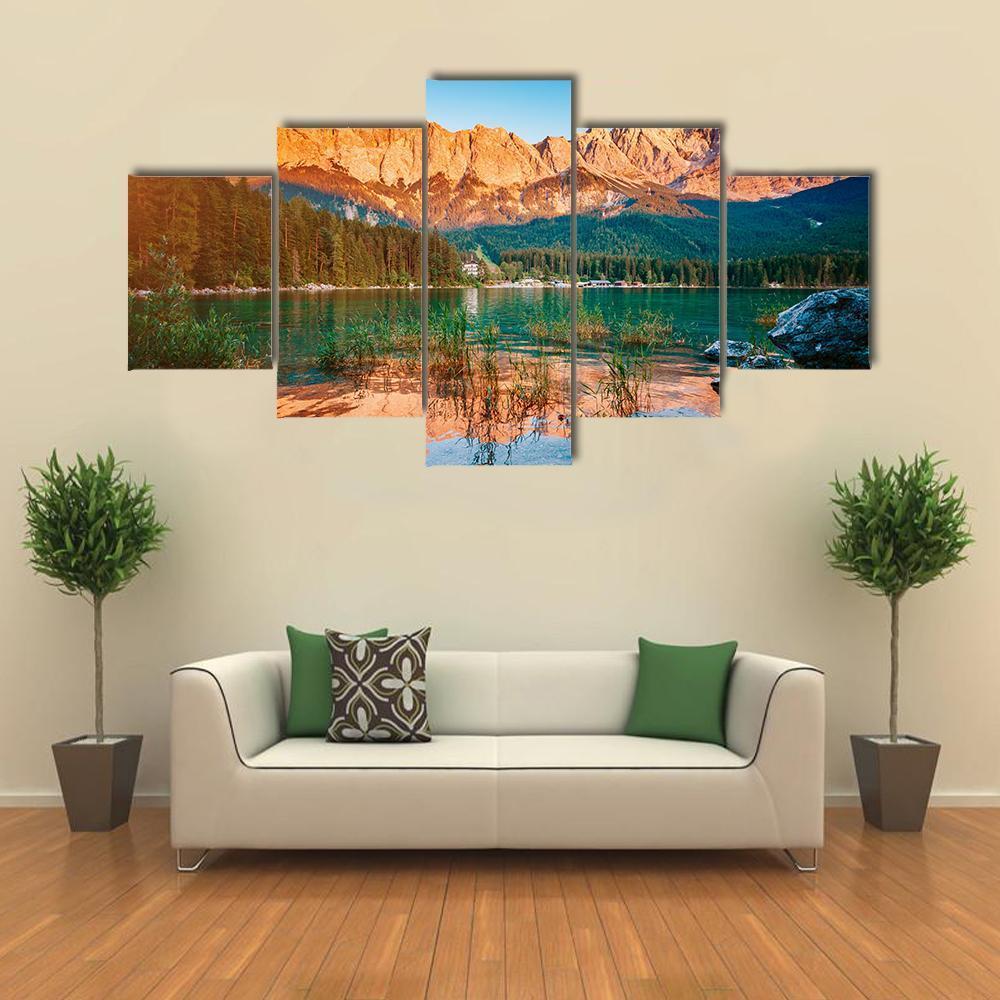 Scenic Famous Lake Eibsee Canvas Wall Art-5 Star-Gallery Wrap-62" x 32"-Tiaracle
