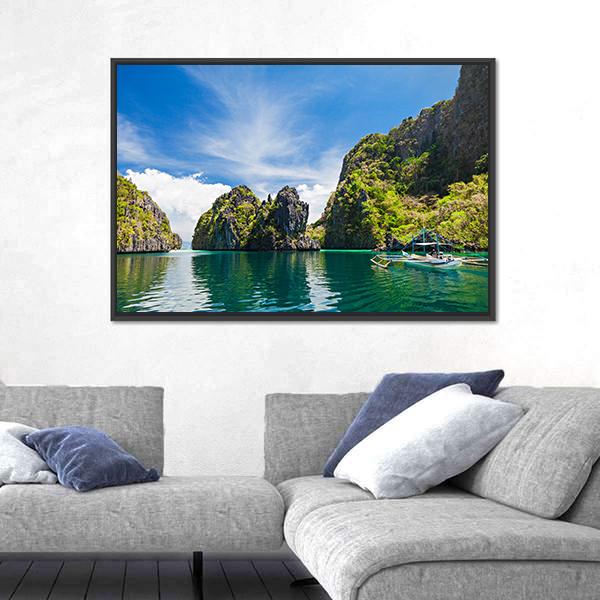Scenic Philippine Island with Boat Canvas Wall Art in green and blue, framed canvas, product view on a white background