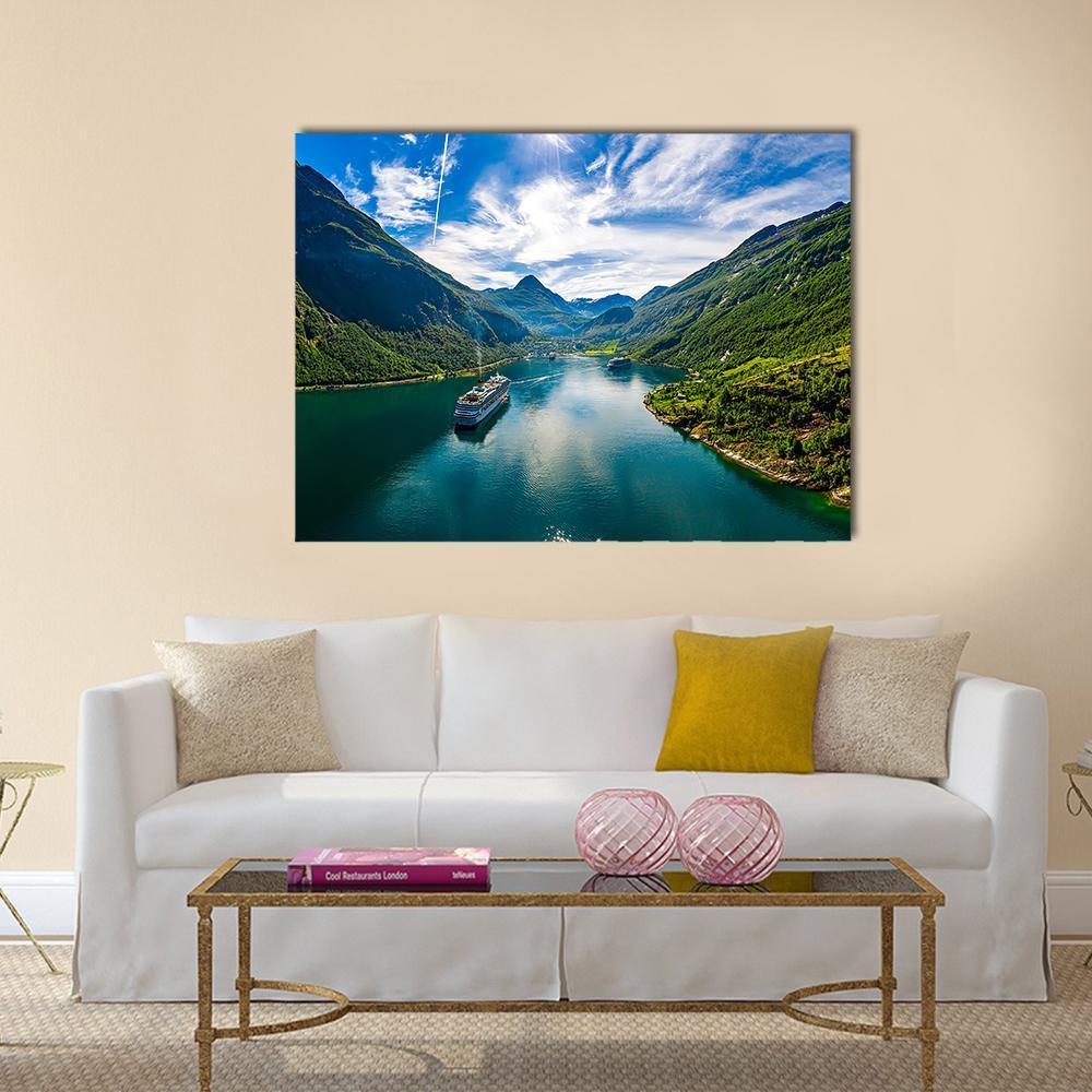 Scenic Geiranger Fjord In Norway Canvas Wall Art-3 Horizontal-Gallery Wrap-25" x 16"-Tiaracle