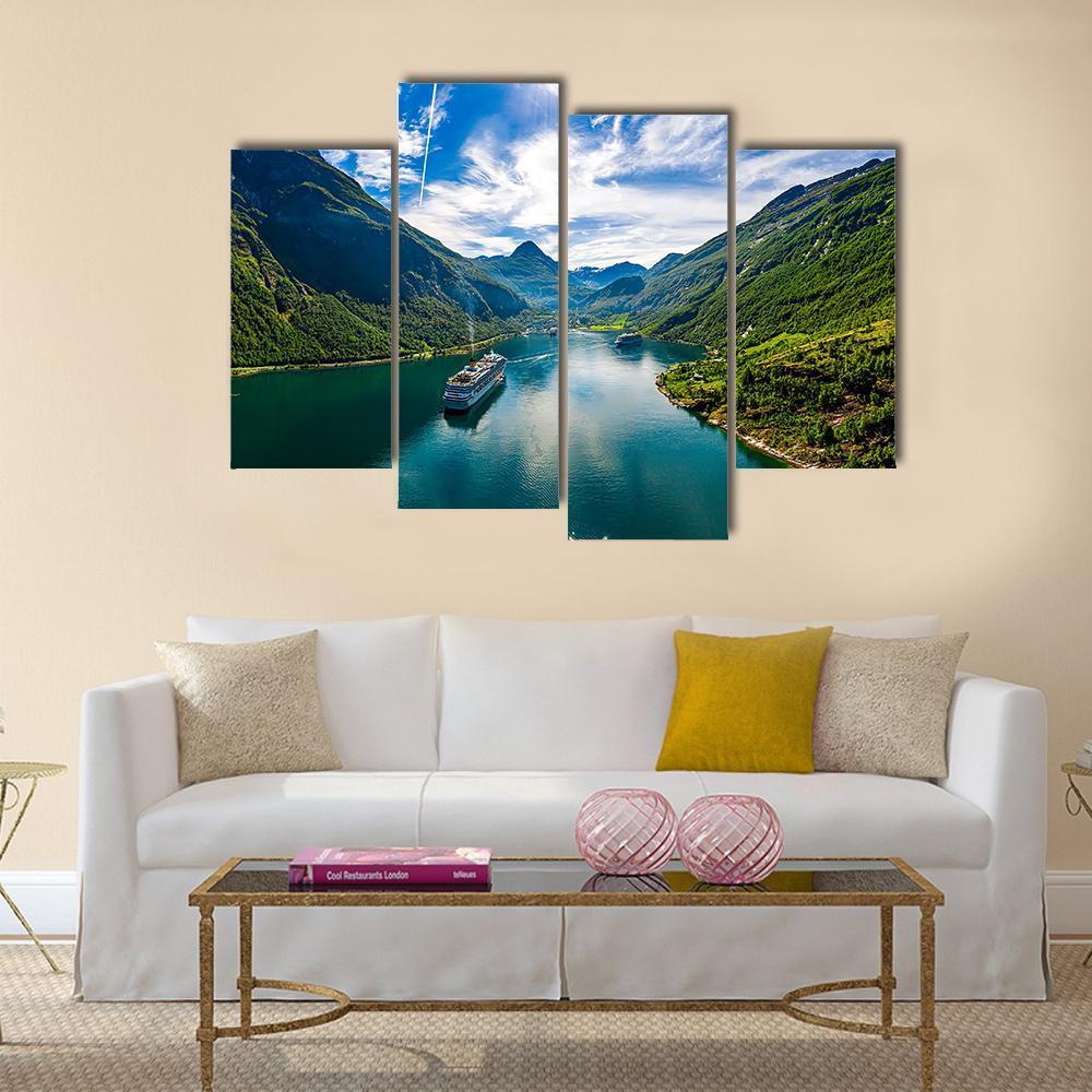Scenic Geiranger Fjord In Norway Canvas Wall Art-4 Pop-Gallery Wrap-34" x 20"-Tiaracle