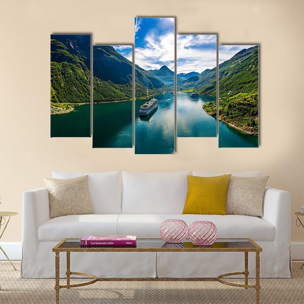 Scenic Geiranger Fjord In Norway Canvas Wall Art-5 Pop-Gallery Wrap-32" x 21"-Tiaracle