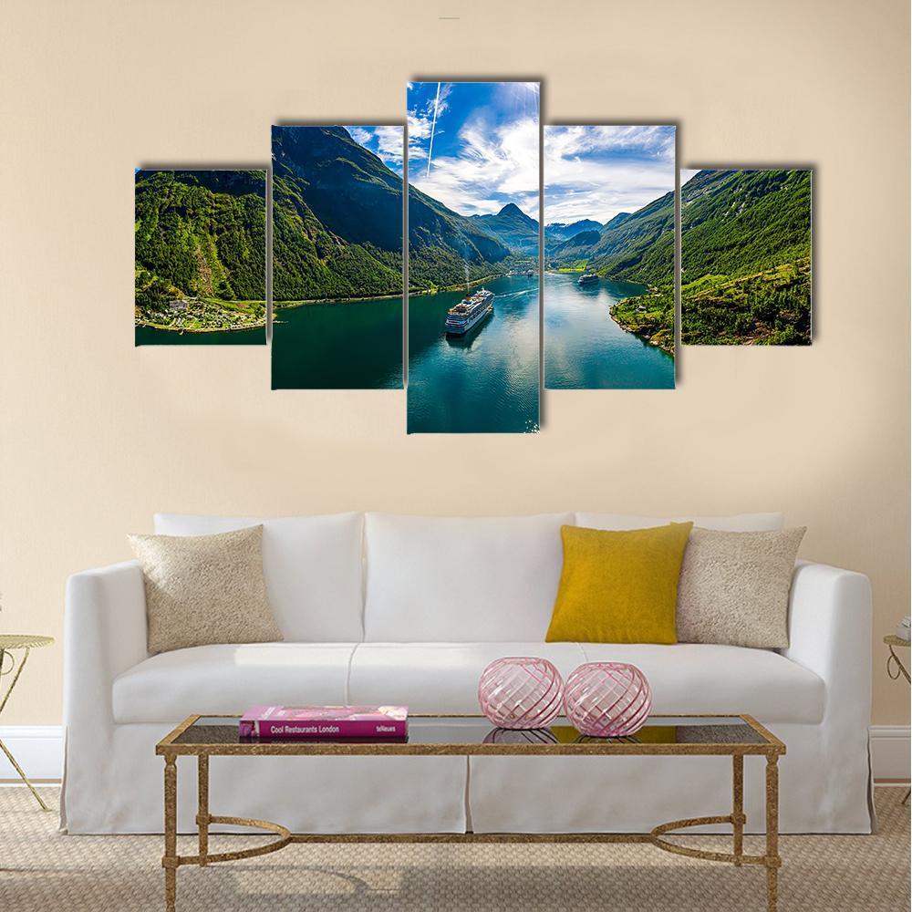 Scenic Geiranger Fjord In Norway Canvas Wall Art-5 Star-Gallery Wrap-42" x 21"-Tiaracle