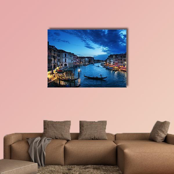 Venice Grand Canal at Sunset Canvas Wall Art in orange, yellow and blue, single panel hung on a wall