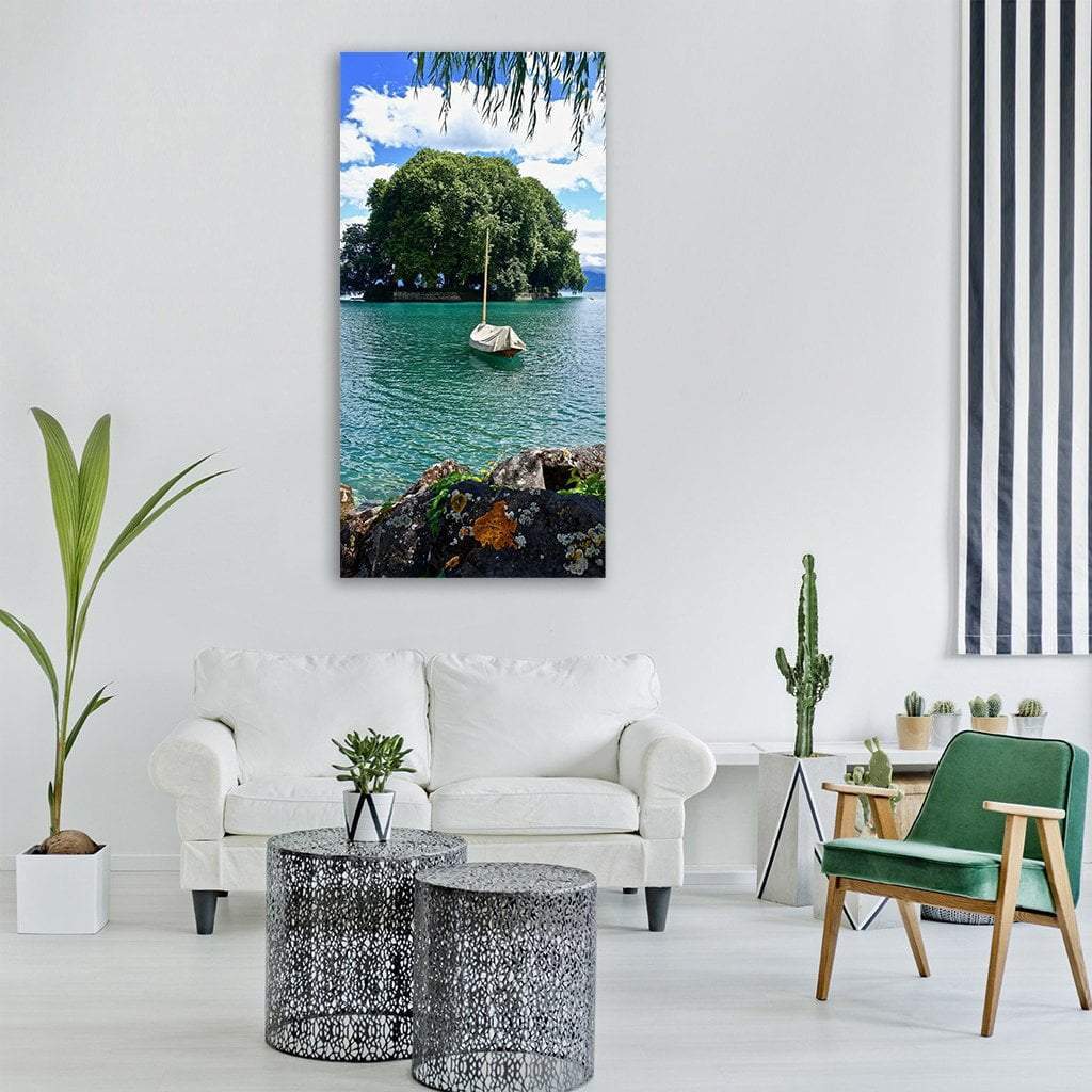 Scenic Island With Boat Vertical Canvas Wall Art-3 Vertical-Gallery Wrap-12" x 25"-Tiaracle