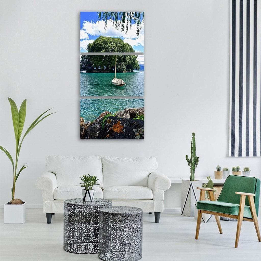 Scenic Island With Boat Vertical Canvas Wall Art-3 Vertical-Gallery Wrap-12" x 25"-Tiaracle