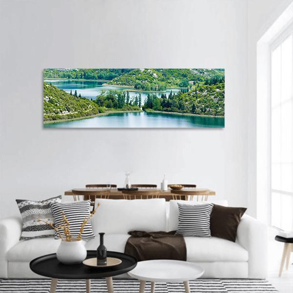Scenic Lake In Croatia Panoramic Canvas Wall Art-3 Piece-25" x 08"-Tiaracle