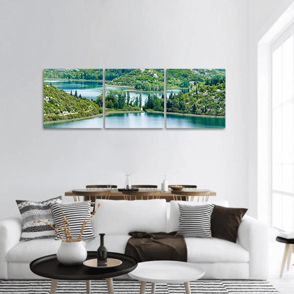 Scenic Lake In Croatia Panoramic Canvas Wall Art-3 Piece-25" x 08"-Tiaracle