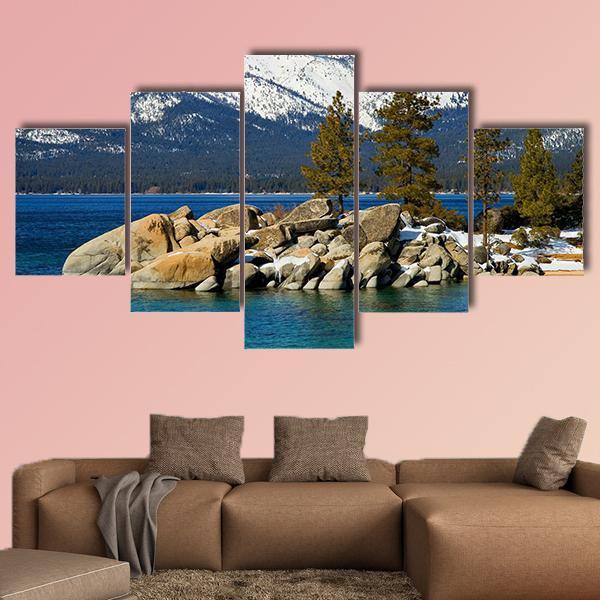 Scenic Lake Tahoe In Winter Canvas Wall Art-5 Star-Gallery Wrap-62" x 32"-Tiaracle