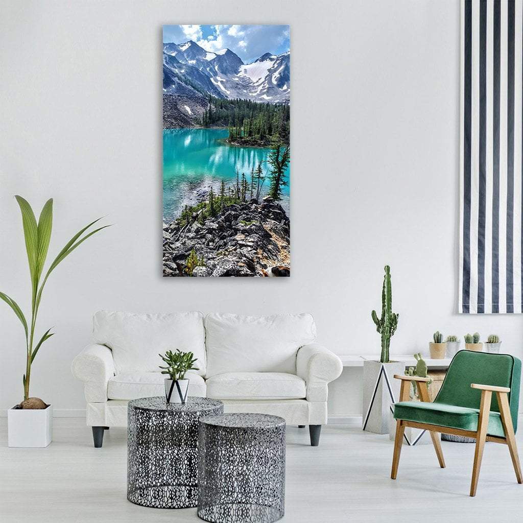 Lake Tahoe Turquoise Shoreline Vertical Canvas Wall Art in gray, green and blue, single vertical panel hung on a wall