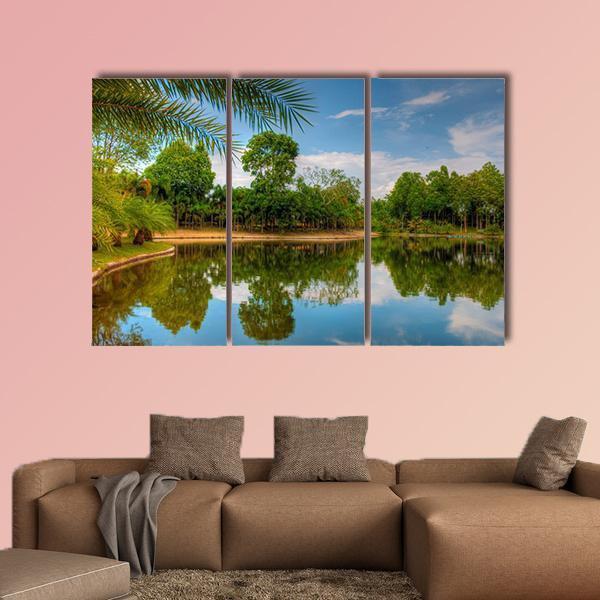 Scenic Lake View With Garden Canvas Wall Art-3 Horizontal-Gallery Wrap-37" x 24"-Tiaracle