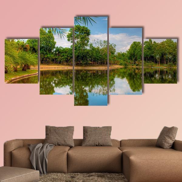 Scenic Lake View With Garden Canvas Wall Art-5 Star-Gallery Wrap-62" x 32"-Tiaracle