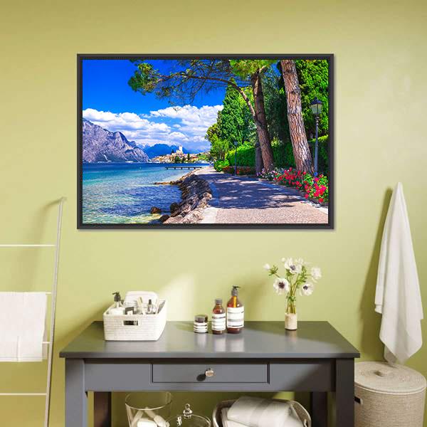 Lakefront Mountain Landscape with Pathway Canvas Wall Art in gray, green and blue, framed canvas, product view on a white background
