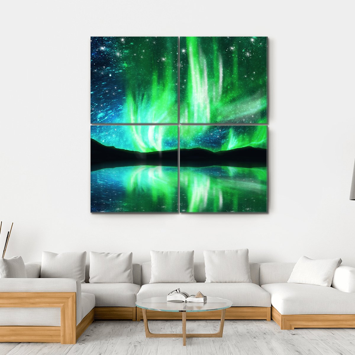 Northern Lights with Mountain Reflection Canvas Wall Art in black, green and blue, hung on a wall
