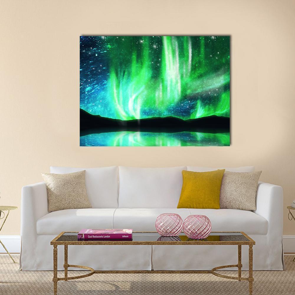 Scenic Northern Lights Canvas Wall Art in black, green and blue, single panel hung on a wall
