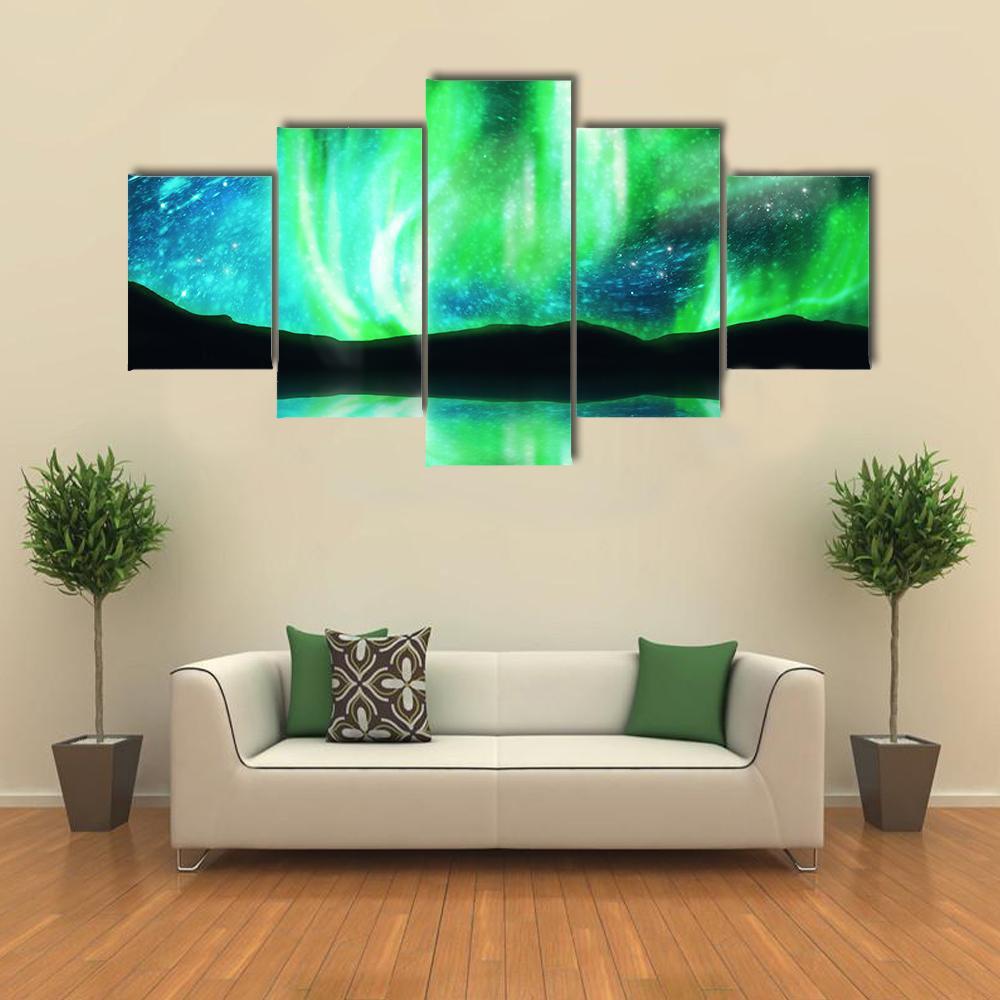 Scenic Northern Lights Canvas Wall Art-5 Star-Gallery Wrap-62" x 32"-Tiaracle