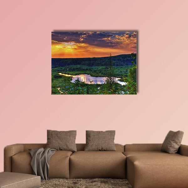 Ottawa National Forest Scenic Overlook Canvas Wall Art in orange, green and blue, single panel hung on a wall