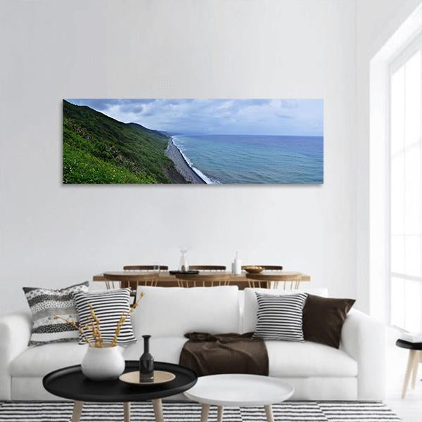 Scenic Seascape With Mountains Panoramic Canvas Wall Art-3 Piece-25" x 08"-Tiaracle