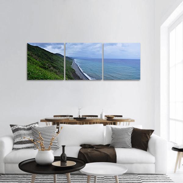 Scenic Seascape With Mountains Panoramic Canvas Wall Art-3 Piece-25" x 08"-Tiaracle
