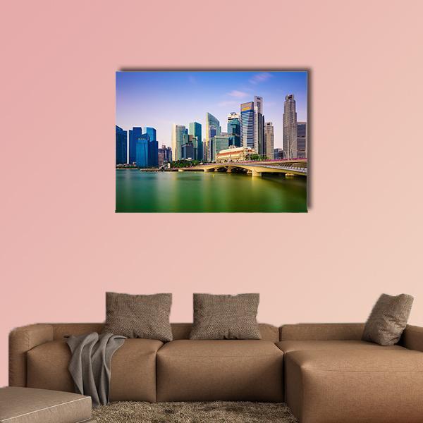 Scenic Singapore Skyline Canvas Wall Art in green and blue, single panel hung on a wall