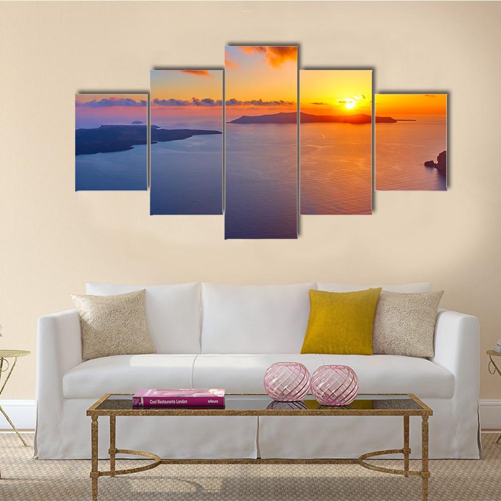 Scenic Sundown In Santorini Island Canvas Wall Art-5 Star-Gallery Wrap-62" x 32"-Tiaracle