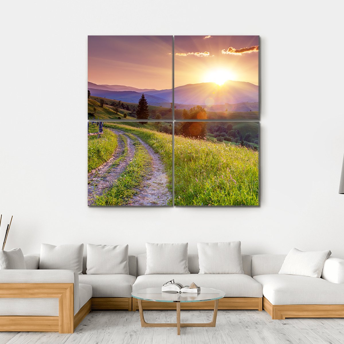 Scenic Sunset In The Mountains Landscape Canvas Wall Art-4 Square-Gallery Wrap-17" x 17"-Tiaracle