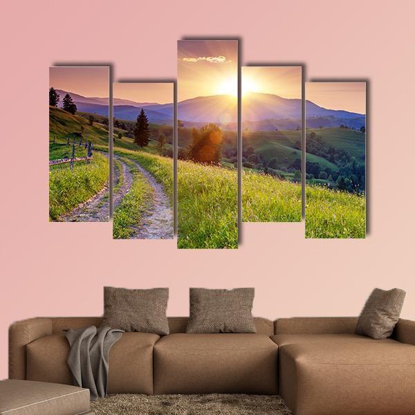 Scenic Sunset In The Mountains Landscape Canvas Wall Art-5 Pop-Gallery Wrap-47" x 32"-Tiaracle