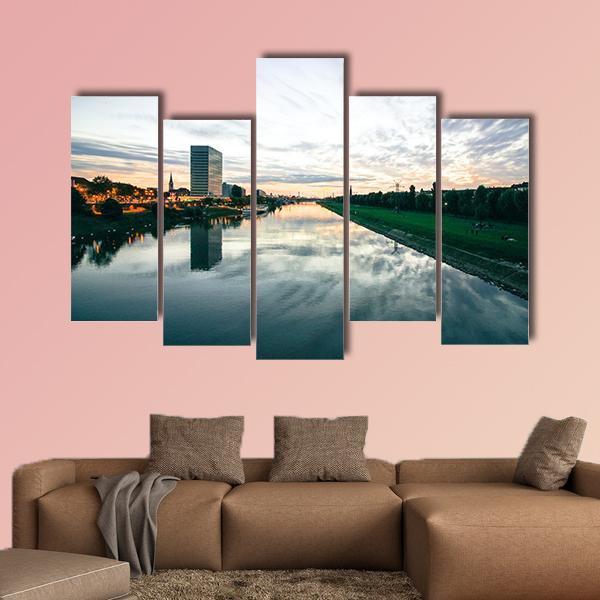 Scenic Sunset Over A River Canvas Wall Art-5 Pop-Gallery Wrap-47" x 32"-Tiaracle