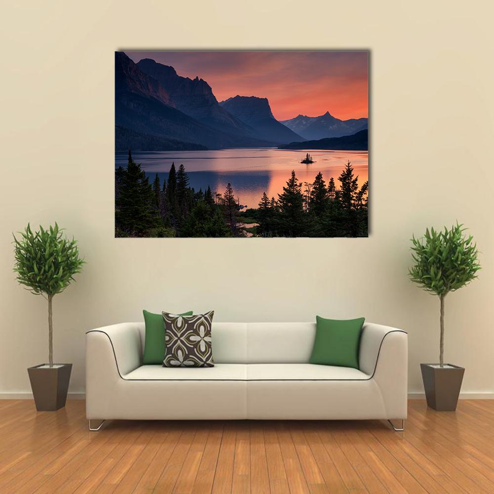 Sunset Over St. Mary Lake Canvas Wall Art in orange, blue and purple, single panel hung on a wall