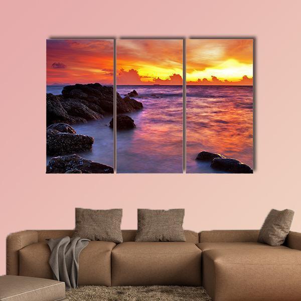 Scenic Tropical Beach At Sunset Canvas Wall Art-3 Horizontal-Gallery Wrap-37" x 24"-Tiaracle