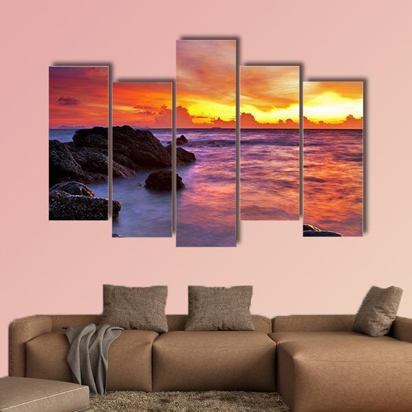 Scenic Tropical Beach At Sunset Canvas Wall Art-5 Pop-Gallery Wrap-47" x 32"-Tiaracle