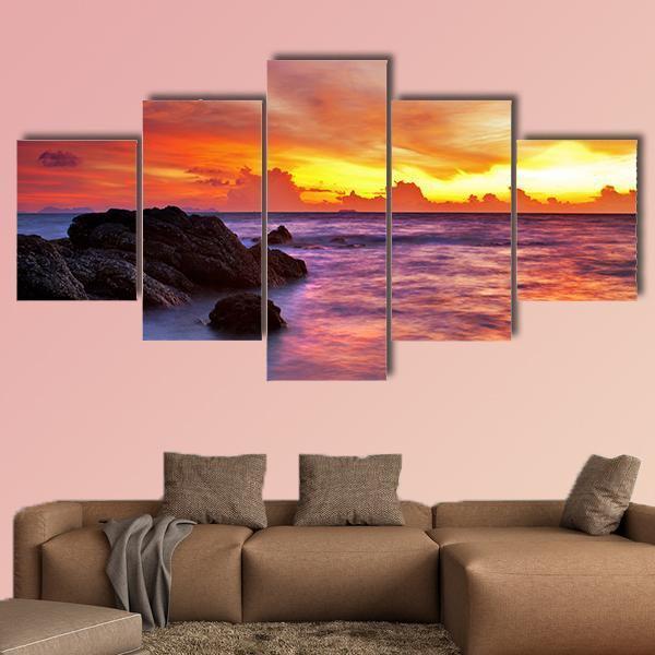 Scenic Tropical Beach At Sunset Canvas Wall Art-5 Star-Gallery Wrap-62" x 32"-Tiaracle